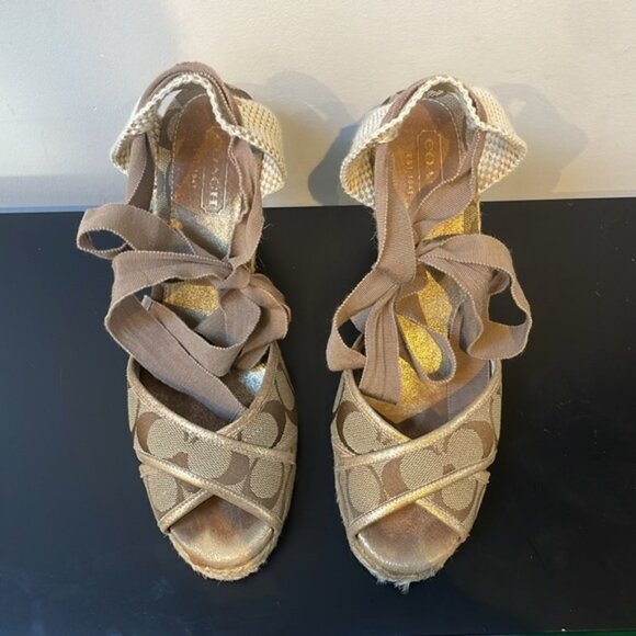 COACH women’s MILA LACE UP SANDAL SIZE 9B Khaki/Gold wedge open toe ankle strap - Picture 6 of 13
